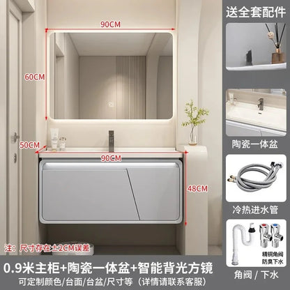 Mobile Bagno Moderno Intelligente con Lavabo Integrato in Ceramica, Armadietti in Rovere, Specchio LED e Mobiletto - Arredamento Bagno