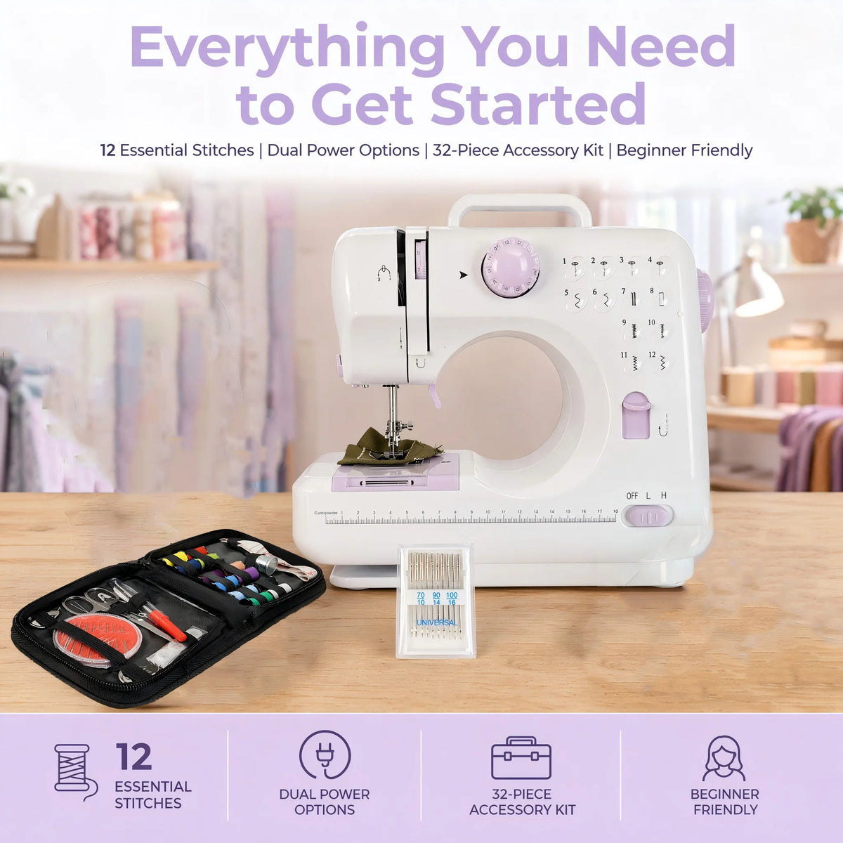 Macchina da cucire elettrica portatile per uso domestico, con 12 tipi di punto, alimentazione a corrente alternata e a batteria, dotata di un kit di accessori da 32 pezzi, leggera e facile da usare, ideale per principianti, p