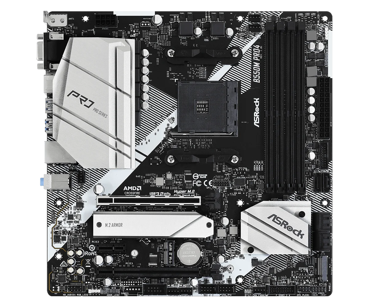 Scheda madre ASRock B550M Pro4, socket AM4, compatibile con processori AMD B550, supporta Ryzen 5 5600, 4500, 3200G, 3600, 5700X, memoria DDR4 fino a 128 GB, SSD NVMe, formato Micro ATX.