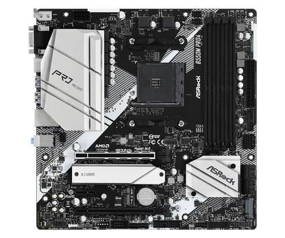 Scheda madre ASRock B550M Pro4, socket AM4, compatibile con processori AMD B550, supporta Ryzen 5 5600, 4500, 3200G, 3600, 5700X, memoria DDR4 fino a 128 GB, SSD NVMe, formato Micro ATX.