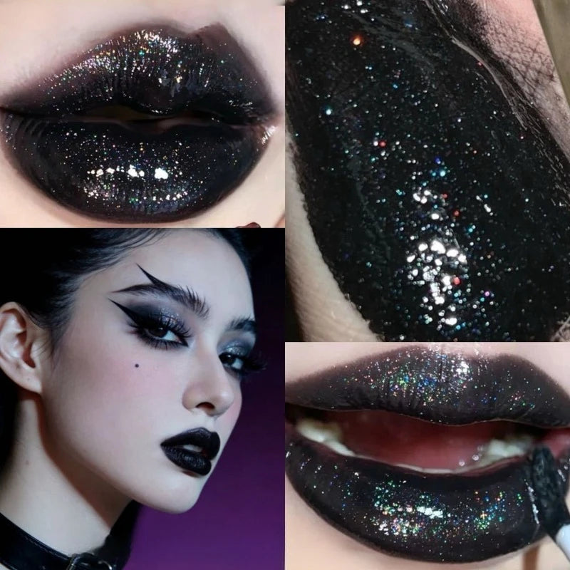 Rossetto Nero Opaco Scintillante Rosso, Lucidalabbra Punk Gotico, Trucco di Halloween, Rossetto in Mousse, Rossetto Impermeabile Anti-sbavature, Tinta Labbra
