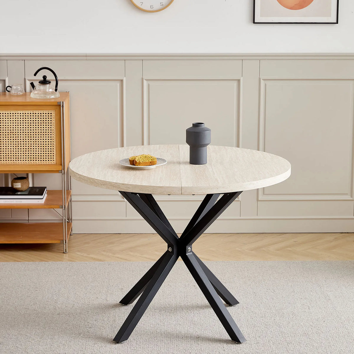 Tavolo da pranzo rotondo in stile nordico EGOONM, 100 cm, piano in MDF, gambe in metallo nero, ideale per sala da pranzo, cucina e arredamento della casa.