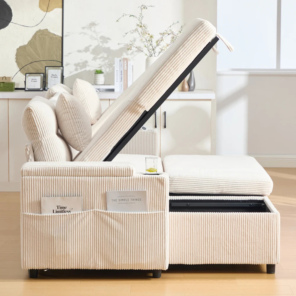 Divano in Velluto a 4 Posti con Vano Portaoggetti Integrato e Portabevande, Divano Moderno con Porte USB e Funzione Letto Estensibile