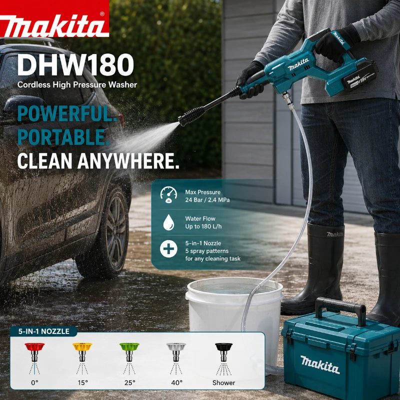 Idropulitrice Portatile a Batteria Makita DHW180 18V per Auto, Moto, Giardino e Patio - Compatibile con Batterie Makita 18V - Disponibilità EU