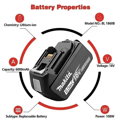 Batteria per utensili Makita 18V 100% originale, 6.0Ah, potenza stabile, per utensili elettrici della serie Makita 18V LXT, sostituisce la batteria originale.