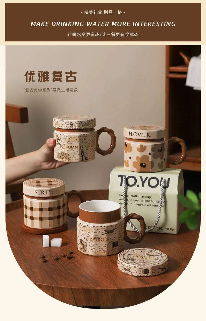 Tazze in ceramica retrò creative, alto livello di aspetto, tazze famose in Internet, souvenir di lusso leggero, tazze da caffè con LIDS