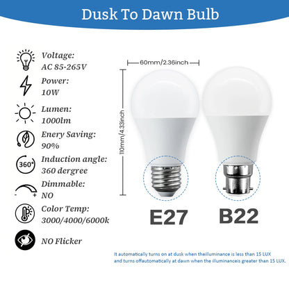 Confezione da 2 Lampadine LED Intelligenti con Sensore E27 B22, Luce Bianca dal Tramonto all'Alba, AC100-240V 1000LM 10W per Portico, Corridoio, Esterni, Garage