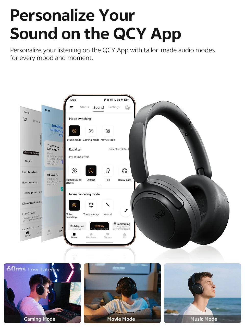QCY H3S ANC Cuffie over Ear -56dB Cuffie con cancellazione del rumore Bluetooth 6.0 Auricolari audio spaziale LDAC ad alta risoluzione Doppio driver