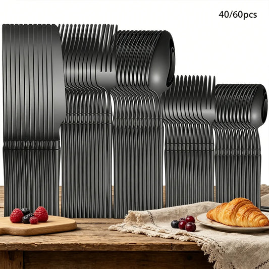 Set di posate in acciaio inossidabile nero da 40/60 pezzi, lucidato a specchio, include forchette da tavola, coltelli da bistecca e cucchiai da zuppa, adatto per