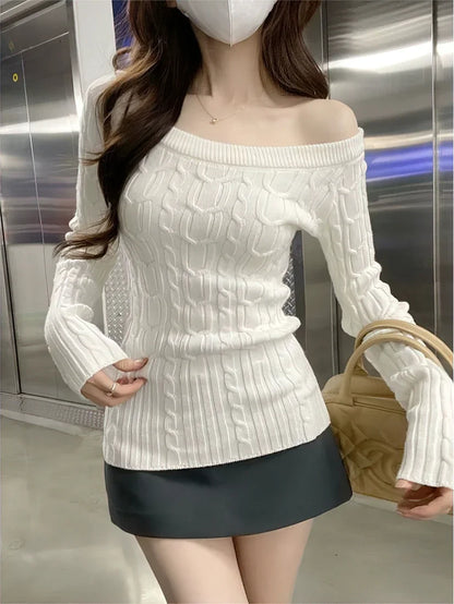 Maglione casual a coste con spalle scoperte, pullover da donna a maniche lunghe, maglietta basic bianca, pullover slim, top sexy da donna con una spalla scoperta, nuovo