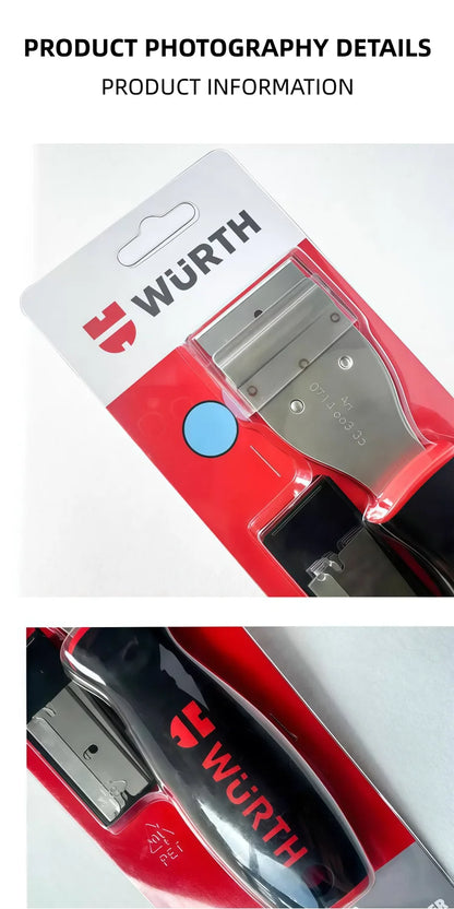 Wurth 071466335 Raschietto Professionale per Vetro con Lama da 40mm, Rimuovi Adesivi e Residui di Colla, Manico Antiscivolo con 6 Lame