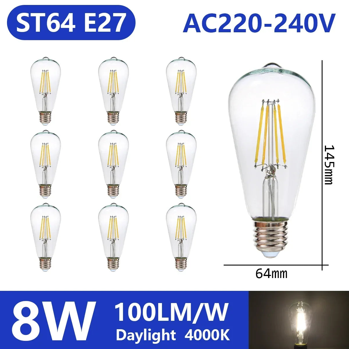 Confezione da 10 lampadine a filamento LED per E27 B22 220V 240V 4W 6W 9W Lampadine a LED bianche calde Lampada in vetro vintage