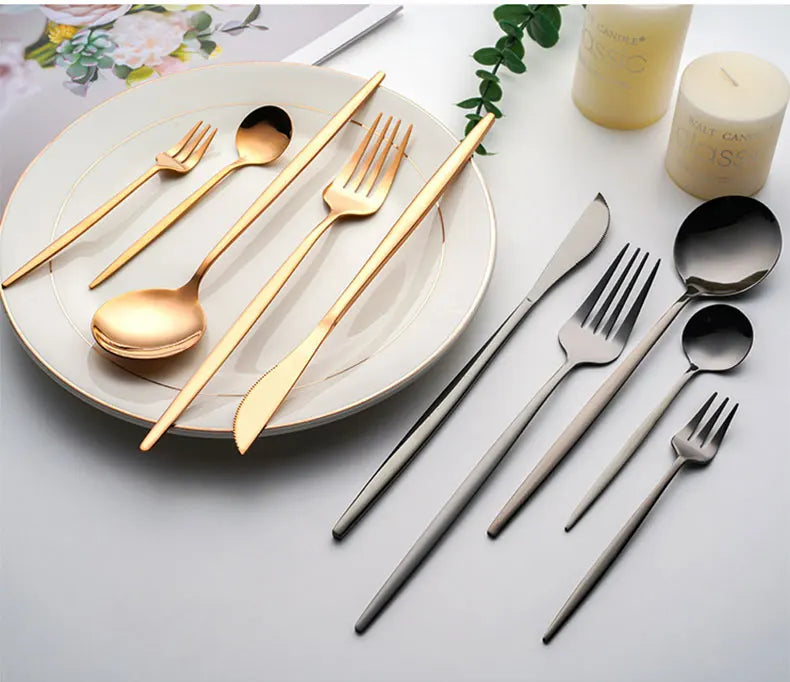 Set di posate dorate da 30 pezzi in acciaio inossidabile, coltelli, forchette, cucchiai, set di stoviglie per banchetti, ristoranti e ospiti