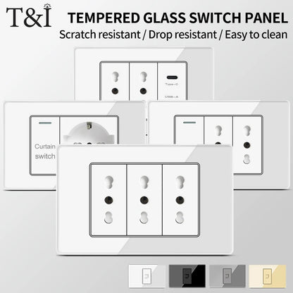 Prese per interruttori a muro T&I con tipo USB  C Ricarica rapida, presa Italia, presa Schuko Cile, pannello in vetro temperato per la casa