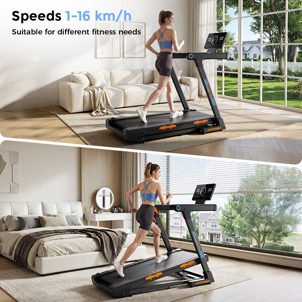 Treadmill Pieghevole FT71 4.0HP, Pedana da Camminata con Inclinazione Automatica del 24%, Macchina da Corsa con APP, Ricarica Wireless, Display LED, Capacità 150KG