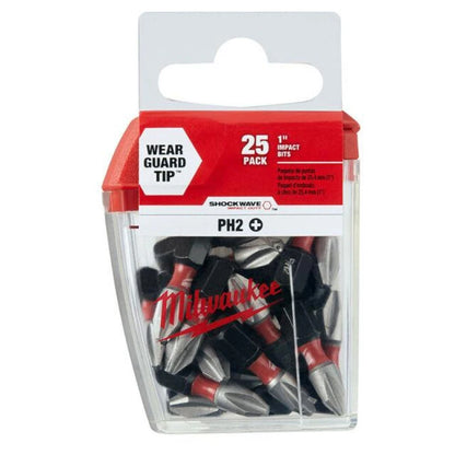 Milwaukee 4932430853 SHOCKWAVE PH2 25MM Punte per Avvitatore a Impatto, Confezione da 25 Pezzi, Accessori per Cacciavite Elettrico ad Alta Durezza ﻿
