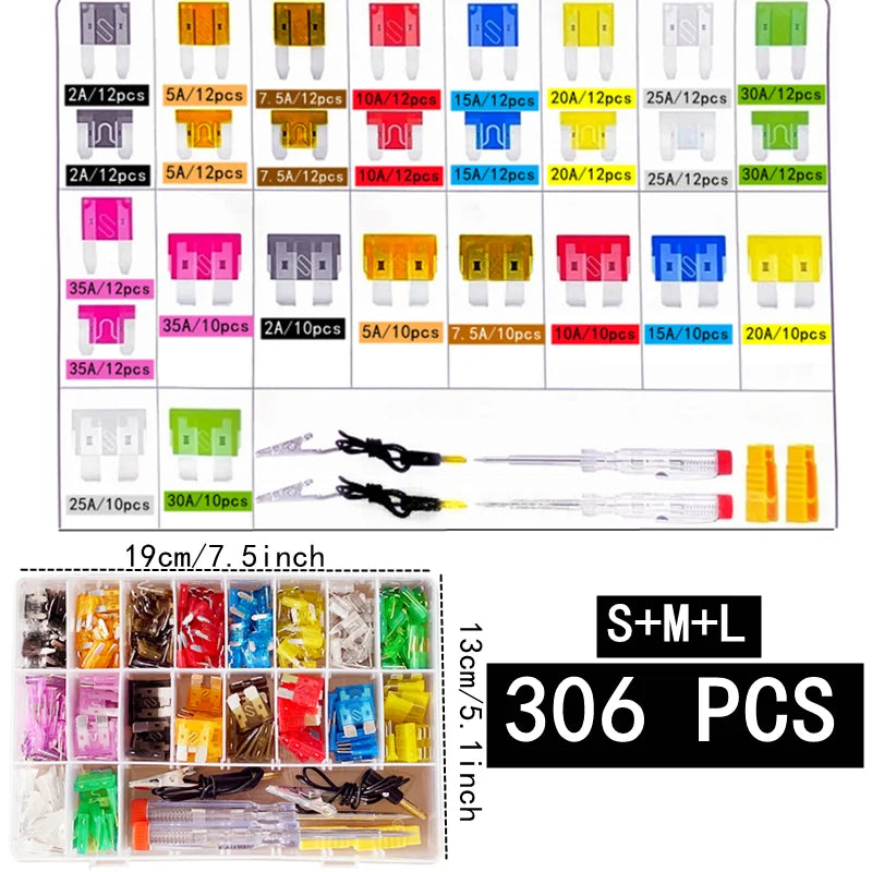 Kit combinato di fusibili per auto da 50-306 pezzi, mini, piccoli e medi, fusibili a lama per applicazioni marine e automobilistiche, 2A 3A 5A 10A 15A 20A 25A 30A 35A