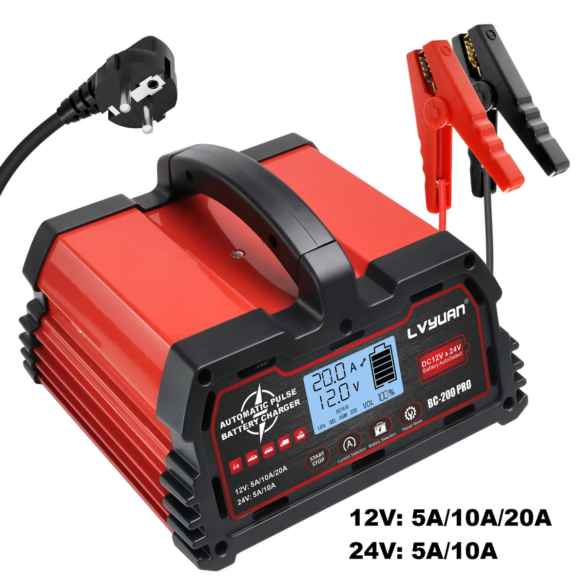 Caricabatterie LVYUAN 20A/25A/30A/40A per Batterie al Piombo-Acido 12V/24V/LiFePO4/AGM/STD/Gel/EFB con Funzione di Riparazione a Impulsi