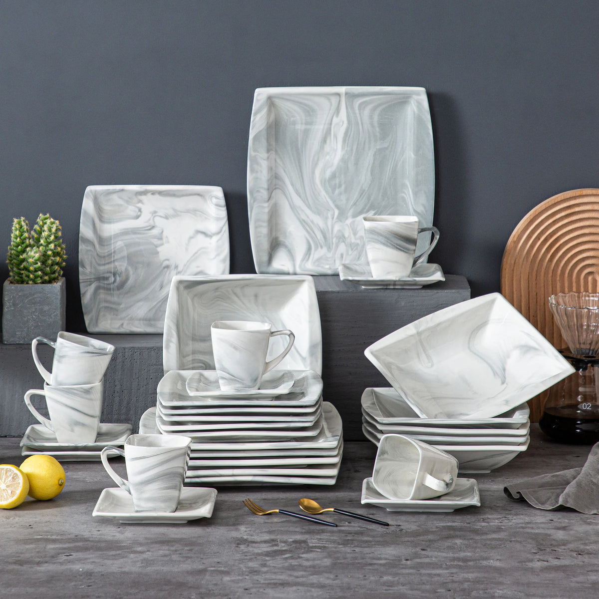 MALACASA 30/60 pz marmo grigio porcellana stoviglie Set di stoviglie con 6 pezzi Dessert/zuppa/piatto cena/tazza/piattino, servizio per 12