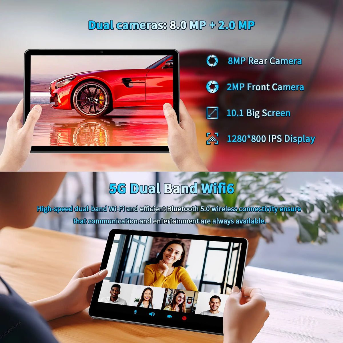 Tablet Android da 10.1" con Processore Octa-core, 16GB (4+12GB Virtuali) di RAM, 64GB di ROM, Schermo Touch HD IPS, Wi-Fi 6, BT 5.0, Doppia Fotocamera