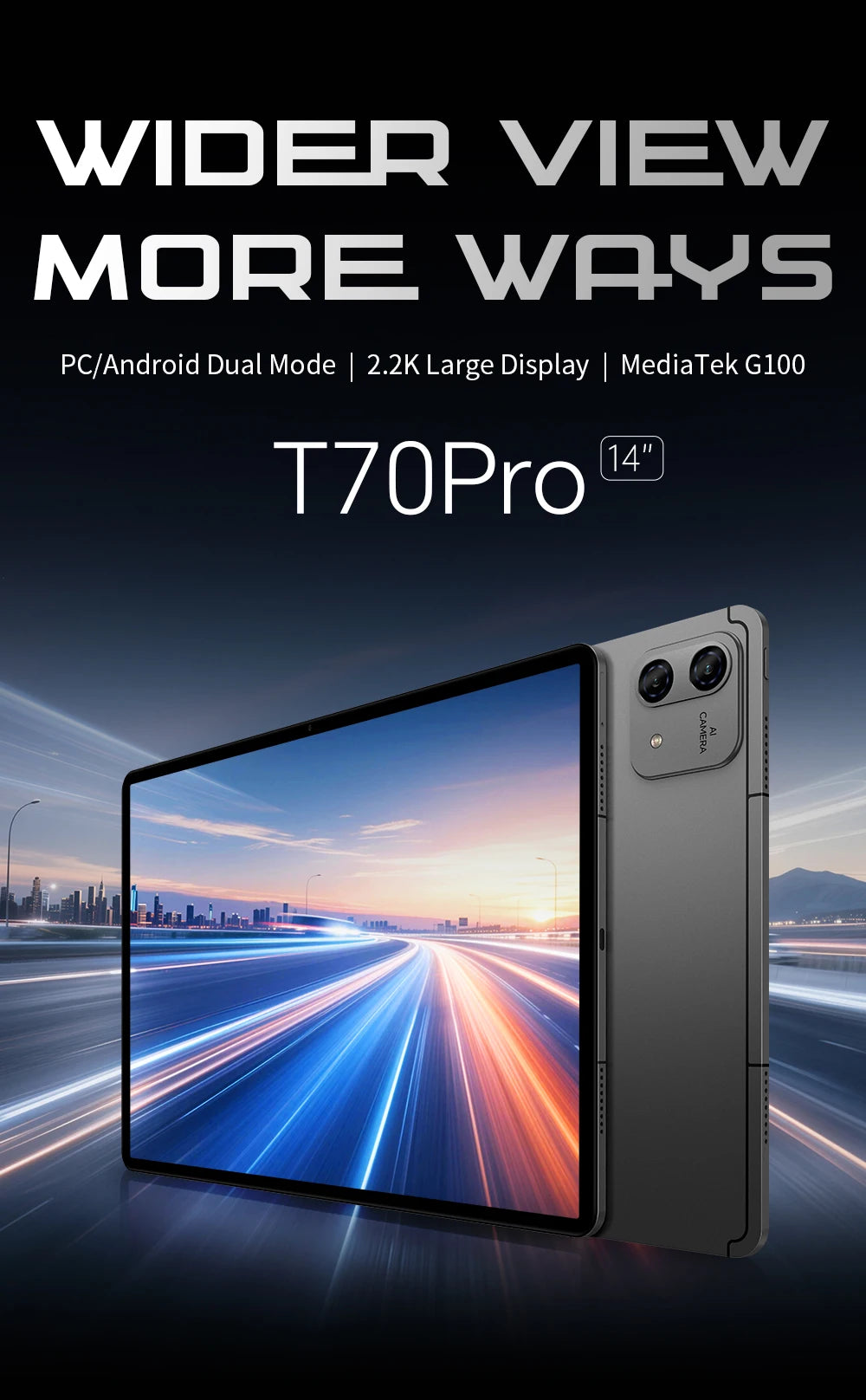 Tablet Teclast T70 Pro con Android 16 e tecnologia Gemini AI, display IPS da 14 pollici, T70Pro, doppia SIM 4G LTE, WiFi 2,4 GHz/5 GHz, Bluetooth 5.2, navigazione GPS, processore G100 Octa Core, 8 GB di RAM, 128 GB di memoria