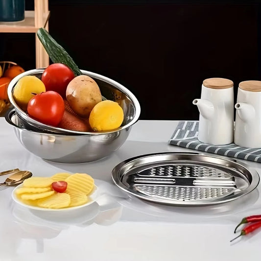 Set di 3 Cestelli Scolapiatti in Acciaio Inox, Kit Multifunzionale da 25 cm con Coperchio a Grattugia e Affettatrice, Ciotola per Lavaggio e Cestello Scolapiatti, per Lavaggio, Affettatura e Sminuzzamento di Frutta e Verdura,