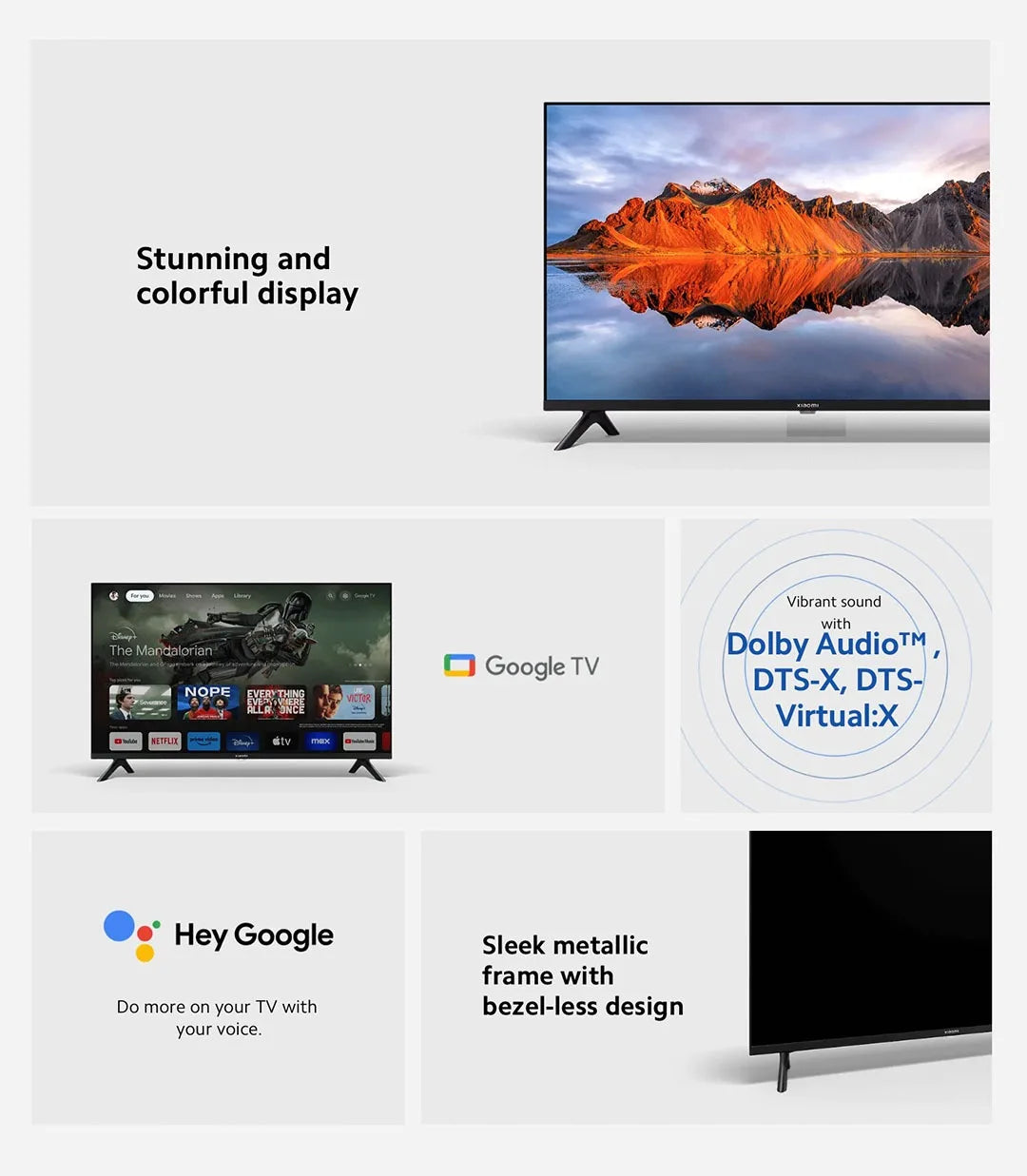 Xiaomi TV A 32, dimensioni compatte con schermo colorato, suono dinamico con audio Dolby ™ , DTS-X e DTS Virtuale:X, Fini metallici di fascia alta