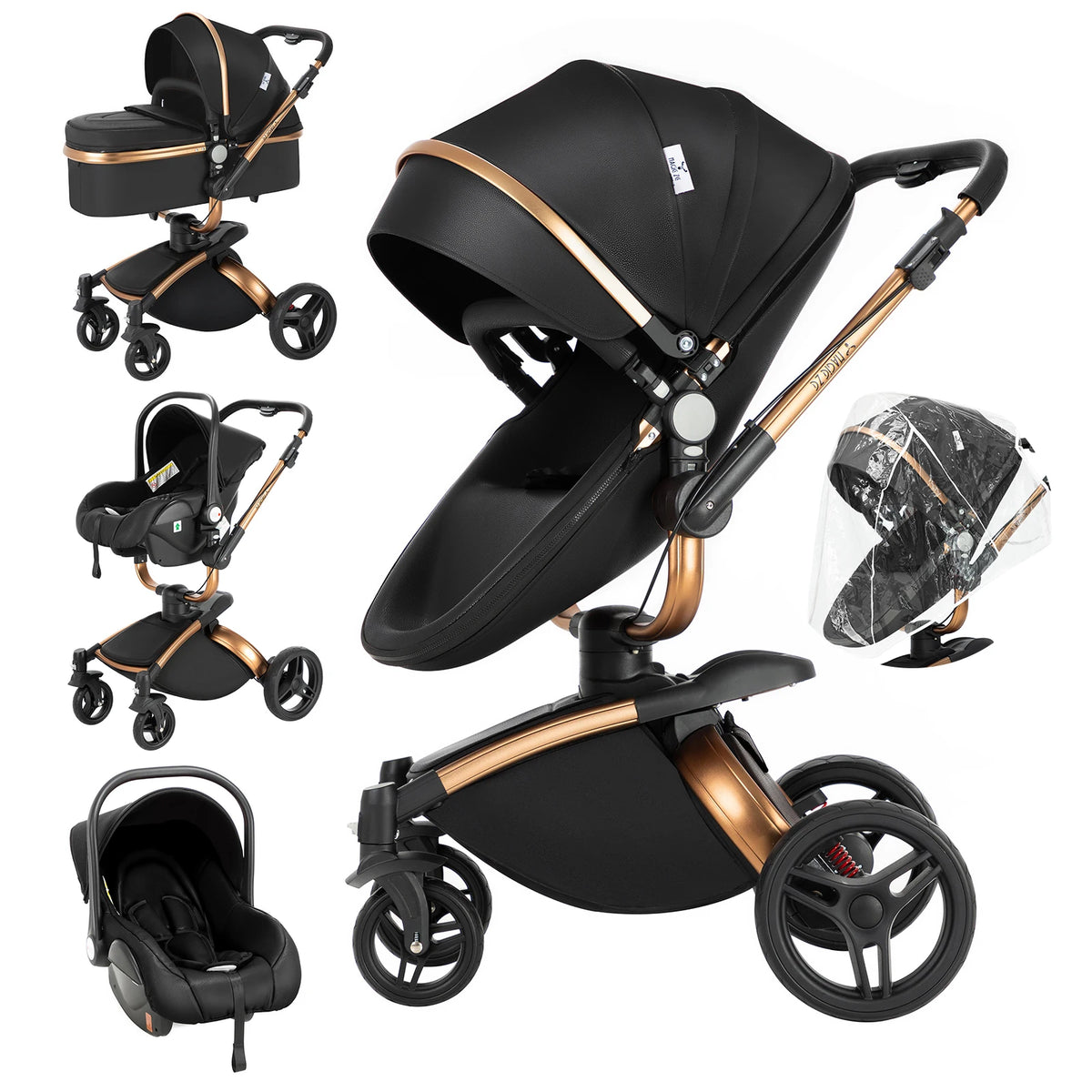 Sistema di trasporto per bambini 3 in 1 con seggiolino auto per neonati e navicella, passeggino pieghevole reversibile a 360 gradi, carrozzina alta per neonati fino a 3 anni, cintura di sicurezza a 5 punti, tettuccio in pelle