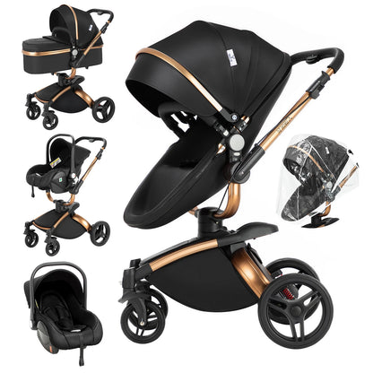 Sistema di trasporto per bambini 3 in 1 con seggiolino auto per neonati e navicella, passeggino pieghevole reversibile a 360 gradi, carrozzina alta per neonati fino a 3 anni, cintura di sicurezza a 5 punti, tettuccio in pelle