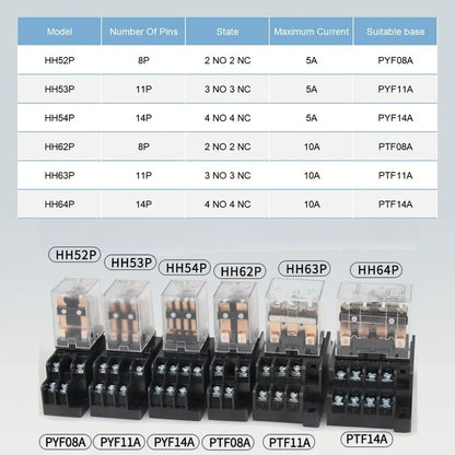 10 pz per relè di controllo miniaturizzati all'ingrosso piccolo relè intermedio AC 12V DC C24 AC220 HH52P HH53P HH54P HH62P HH63P HH64P