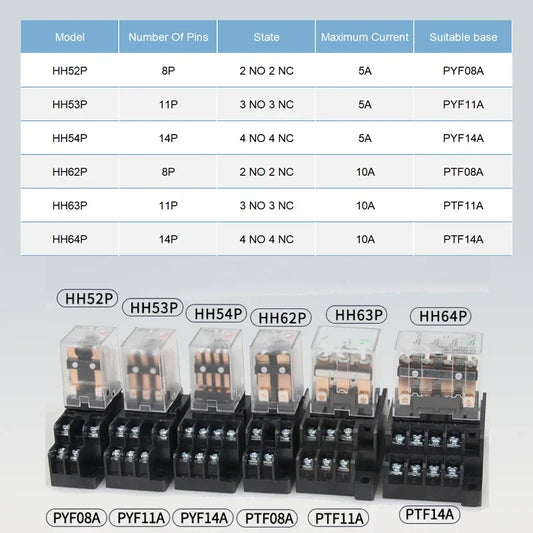 10 pz per relè di controllo miniaturizzati all'ingrosso piccolo relè intermedio AC 12V DC C24 AC220 HH52P HH53P HH54P HH62P HH63P HH64P