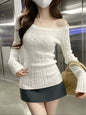 Maglione casual a coste con spalle scoperte, pullover da donna a maniche lunghe, maglietta basic bianca, pullover slim, top sexy da donna con una spalla scoperta, nuovo