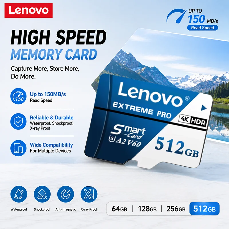 Scheda Micro SD Lenovo 512GB A2 U3 V30 Classe 10 256GB 128GB 1TB Scheda di Memoria TF 4K ad Alta Velocità per Drone, Fotocamera, Telefono
