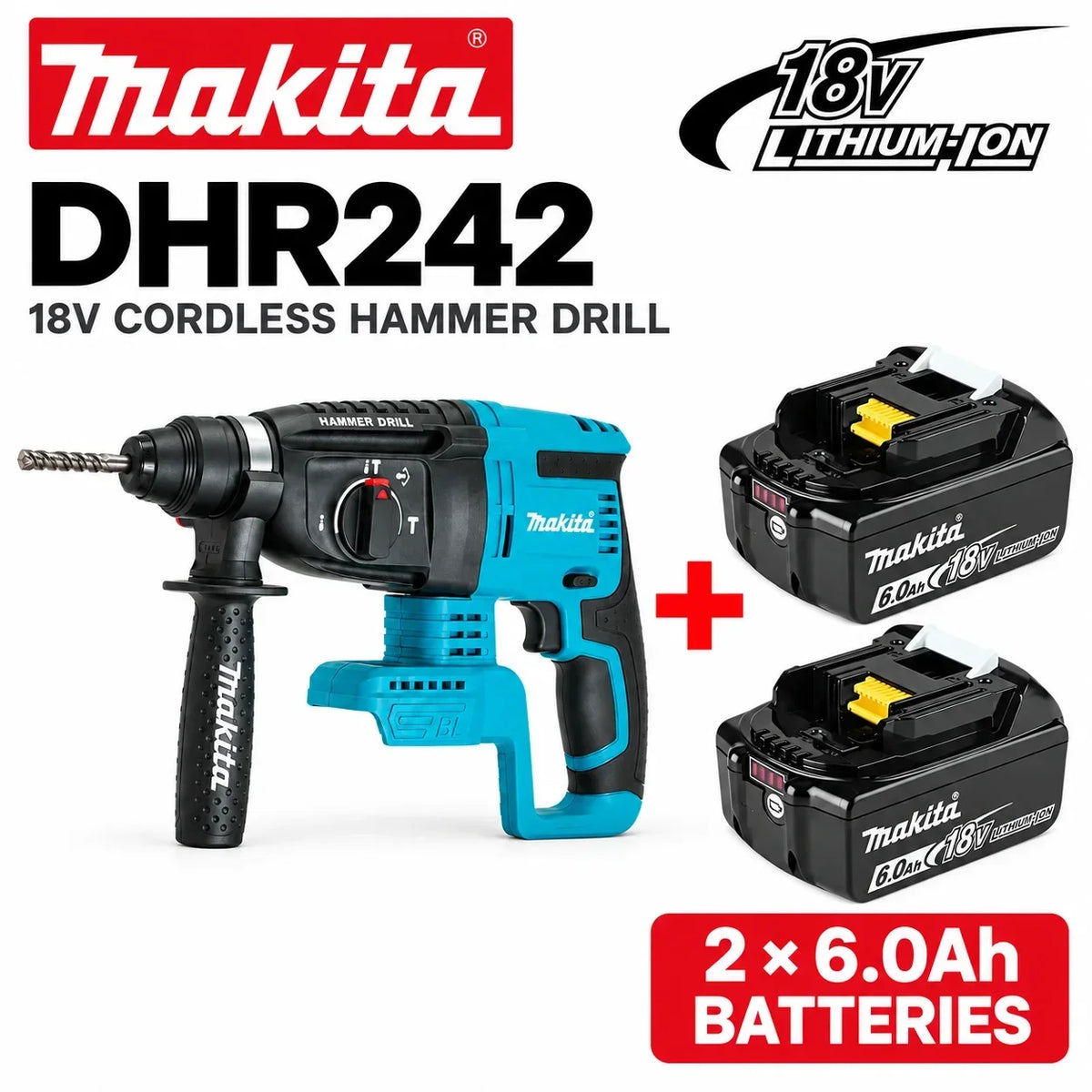 Trapano a percussione rotante senza fili Makita DHR242 18V, capacità per calcestruzzo 24mm, SDS Plus 4700 IPM 2.0J, utensile da costruzione per impieghi gravosi a 3 modalità, compatibile con BL1860B BL1850B BL1815, spedizio