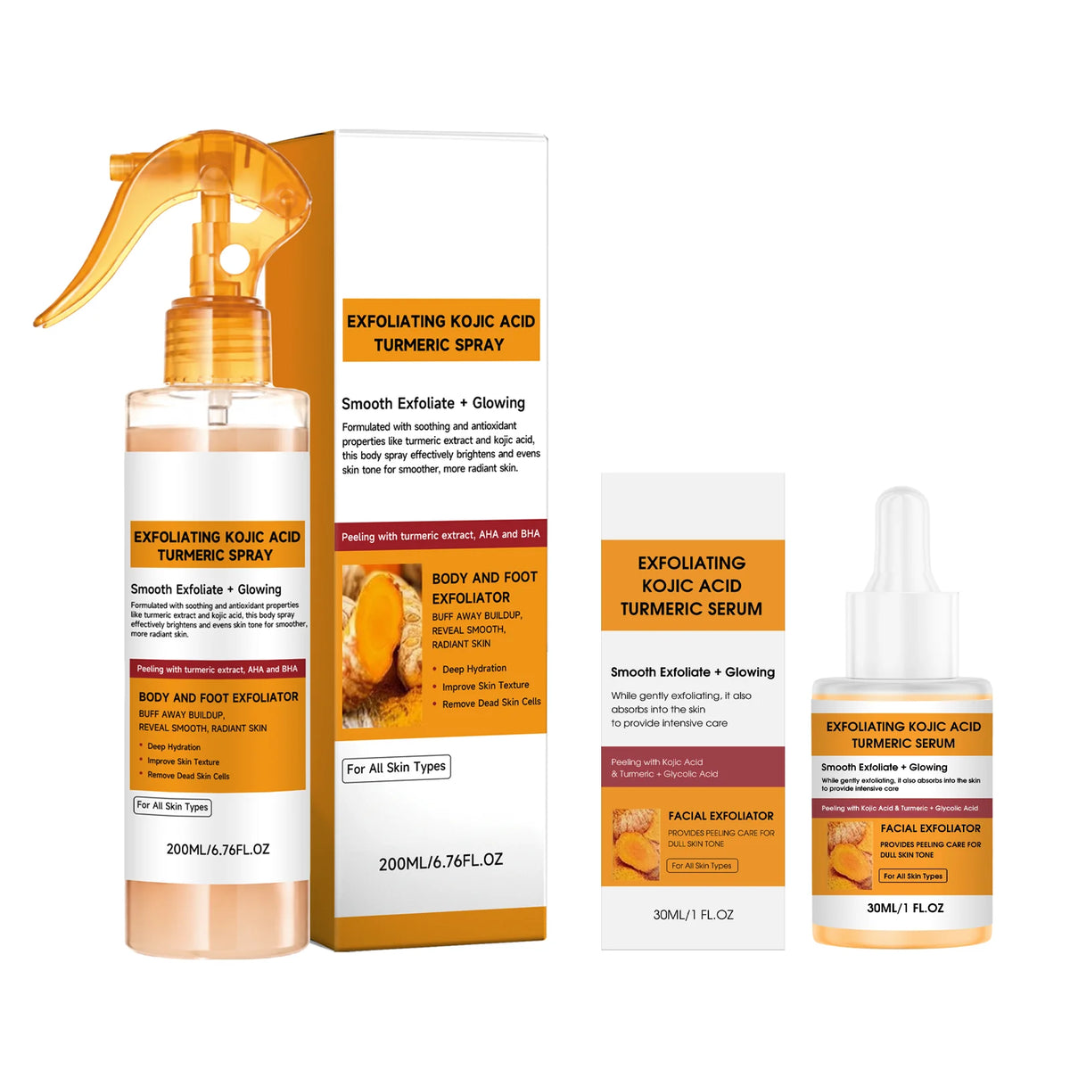 Set per la Cura della Pelle con Spray ed Siero Esfoliante all'Acido Kojico e Curcuma, Esfoliazione Delicata, Migliora il Tono Opaco, Kit Illuminante e Levigante