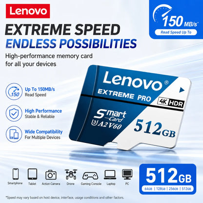 Scheda Micro SD Lenovo 1TB 512GB, scheda SD ad alta velocità 256GB 128GB, scheda TF UHS‑I, scheda di memoria impermeabile per dash cam, telecamere di videosorveglianza, Nintendo Switch.