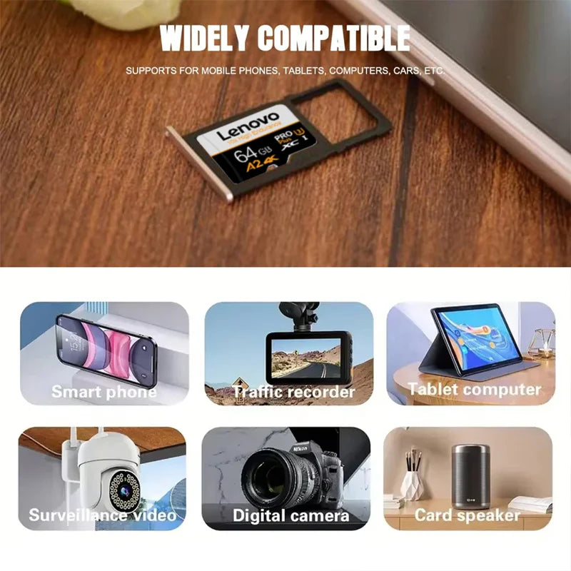 Scheda di memoria Micro SDXC UHS-I ad alta velocità Lenovo, 512 GB/1 TB, 256 GB, classe 10, V30, scheda TF Flash A2 per smartphone, fotocamere e droni.