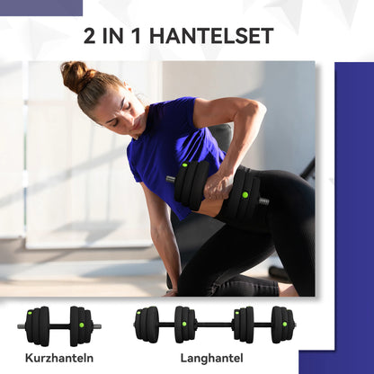 Set di manubri e bilancieri regolabili da 25 kg, 2 in 1, attrezzi per l’allenamento della forza con manici antiscivolo e dischi in plastica per l’uso in palestra domestica, per esercizi di fitness, allenamento muscolare e
