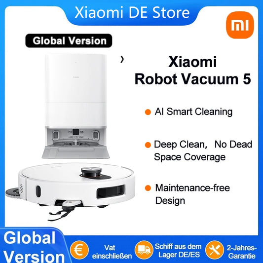 Robot aspirapolvere Xiaomi 5, versione globale per l'Europa (aggiornamento X20+), con funzione di lavaggio intelligente, sistema di navigazione laser LDS, capacità di aspirare il 99% dei capelli, raccolta automatica dei rifi