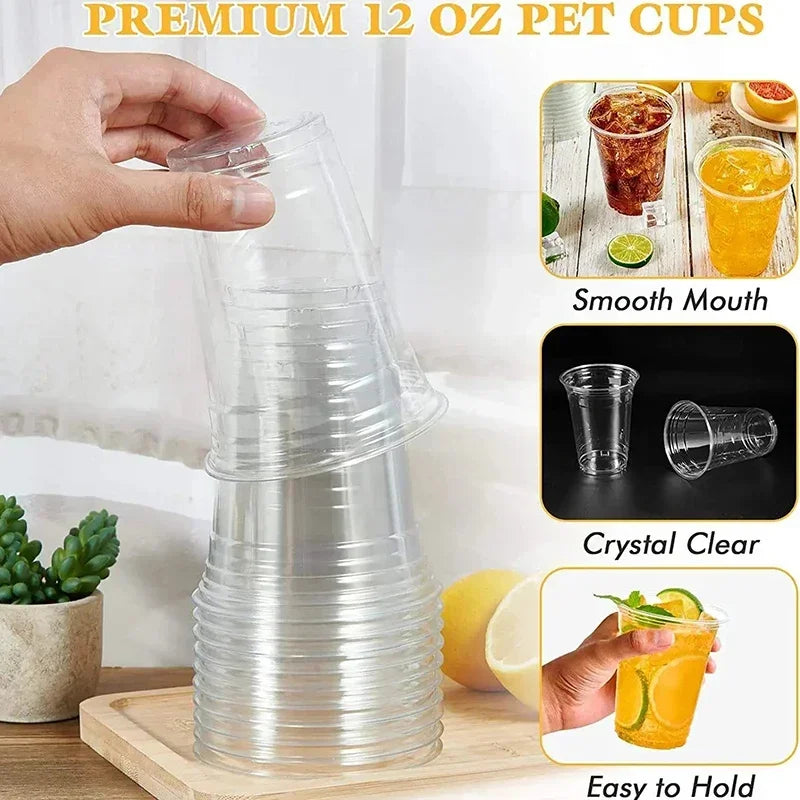 100 Bicchieri in Plastica Trasparente con Coperchi da 350ml, Contenitori Monouso per Bevande Fredde, Bubble Tea, Caffè Ghiacciato, Succhi, Frullati, Forniture per Feste