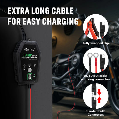 Caricabatterie Intelligente HTRC 6V 12V 3000mA Automatico per Batterie al Litio LiFePO4, Piombo-Acido, AGM, GEL, per Auto e Moto