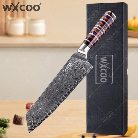 Coltelli da Cucina Professionali WXCOO in Acciaio Damascato con Scatola, Coltello Giapponese per Affettare, Coltello Domestico per Frutta e Verdura, Coltello da Disosso a 67 Strati