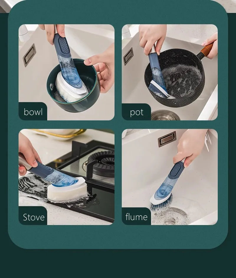 Strumenti per la pulizia della cucina Manico lungo Spazzola per piatti Dispenser di sapone liquido Detergente Spazzola per piatti Spugna per piatti Salviette per lavare i piatti