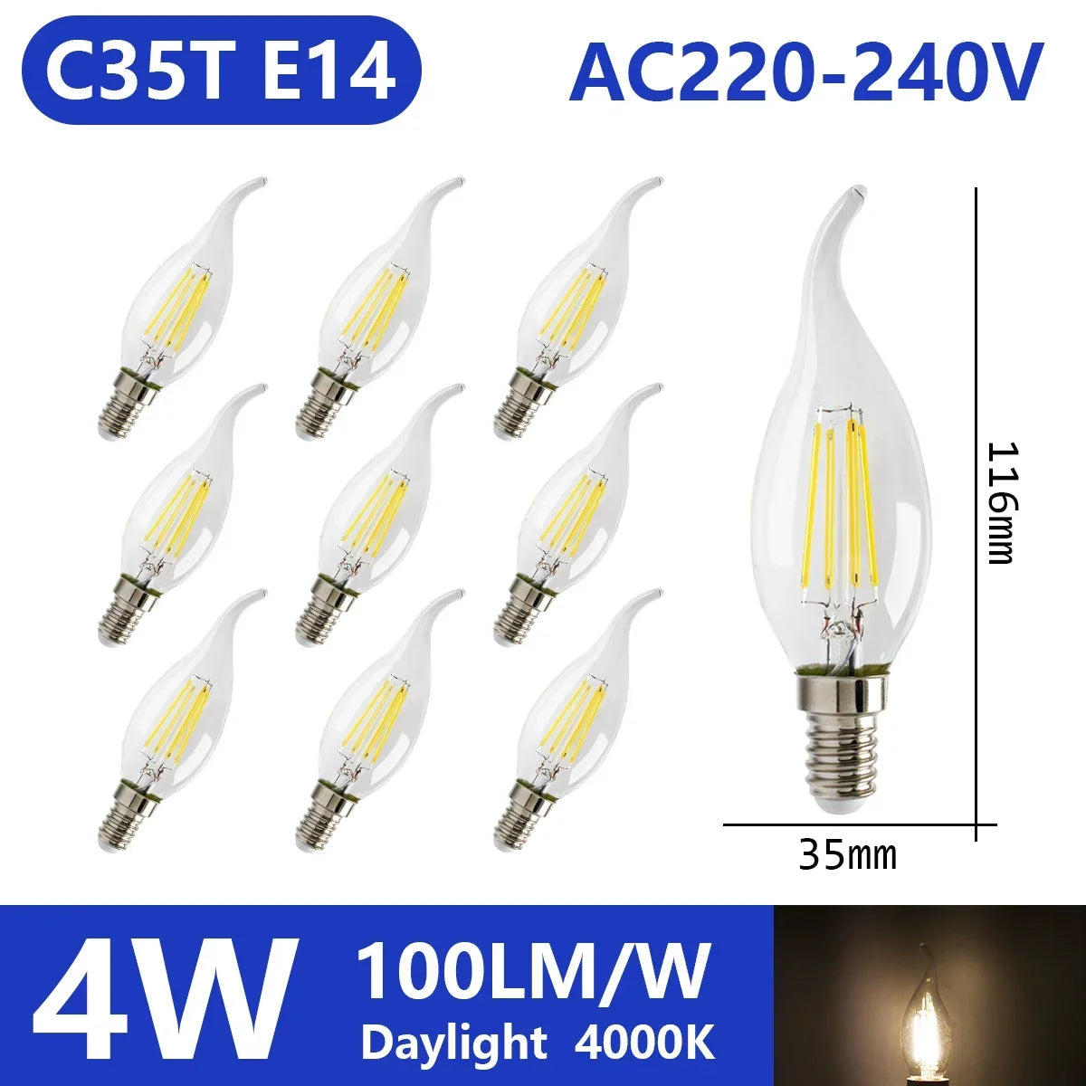 Confezione da 10 lampadine a filamento LED per E27 B22 220V 240V 4W 6W 9W Lampadine a LED bianche calde Lampada in vetro vintage