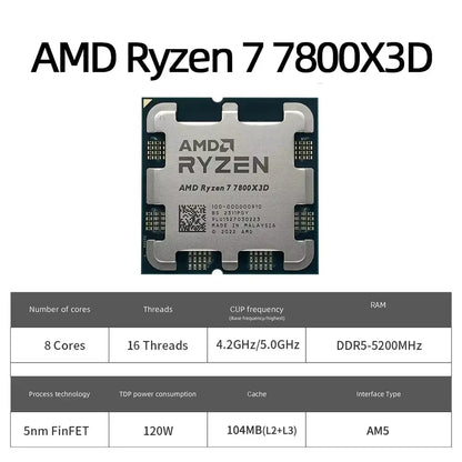 Processore AMD Ryzen 7 7800X3D, 8 core, 16 thread, fino a 5,0 GHz, 96 MB di cache L3, socket AM5, processore per PC desktop da gaming, senza dissipatore.