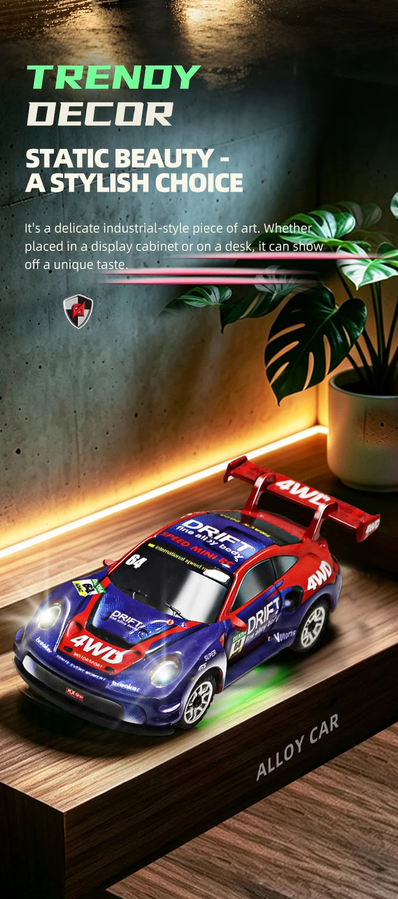 Auto RC da Drift ad Alta Velocità 1/64 con Luci, Auto Telecomandata 4WD 2.4G, Mini Auto da Corsa da Scrivania, Modellino in Scala, Giocattolo Regalo per Ragazzi