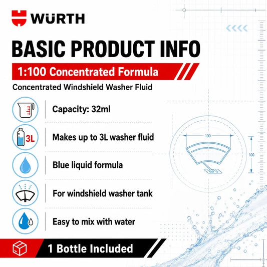 Liquido Lavavetri Concentrato Wurth 1:100, Detergente per Vetri Auto, Rimuovi Pellicola Oleosa e Residui di Insetti, Additivo per Tergicristalli 32ml