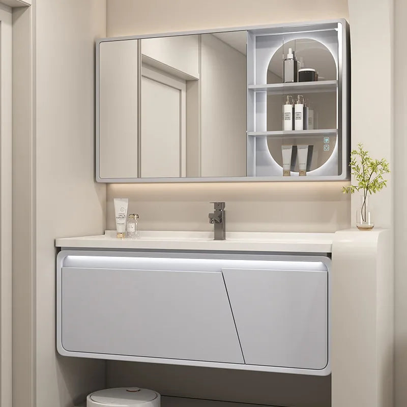 Mobile Bagno Moderno Intelligente con Lavabo Integrato in Ceramica, Armadietti in Rovere, Specchio LED e Mobiletto - Arredamento Bagno