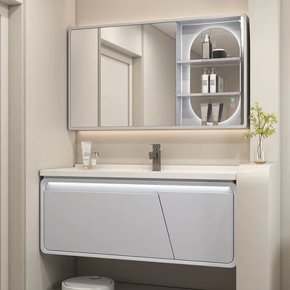 Mobile Bagno Moderno Intelligente con Lavabo Integrato in Ceramica, Armadietti in Rovere, Specchio LED e Mobiletto - Arredamento Bagno