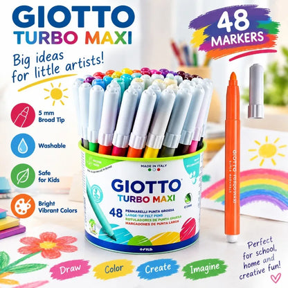 GIOTTO Set da 48 Pennarelli Lavabili con Punta in Feltro Turbo Maxi 5mm, Pennarelli Jumbo per Bambini, Scuola, Casa, Disegno, Colorazione, Set Artistico Creativo